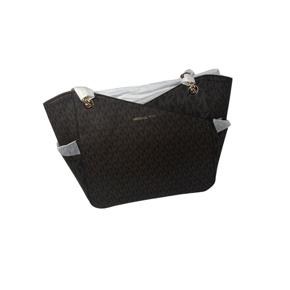 Michael Kors Jet Set Large Leather Brown X Cross Chain Shoulder Tote Hand Bag - Picture 2 of 16